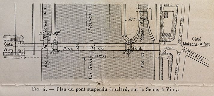 Vitry-sur-Seine, Alfortville. Pont de Port-à-l'Anglais. Plan de situation du pont par rapport aux écluses de Port-à-l'Anglais.  Tiré de : Vitry-sur-Seine, pont suspendu Gisclard. In  Le Génie Civil, 30 juin 1914, tome LXV, n° 8, p. 152-154.