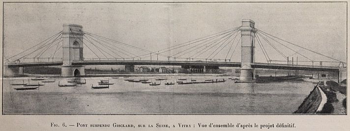 Vitry-sur-Seine, Alfortville. Pont de Port-à-l'Anglais. Photomontage à partir du projet définitif. Tiré de : Vitry-sur-Seine, pont suspendu Gisclard. In  Le Génie Civil, 30 juin 1914, tome LXV, n° 8, p. 152-154.