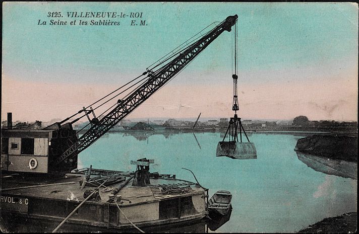 Villeneuve-le-Roi, sablière. La sablière et la Seine. Carte postale. ( Musée de la batellerie, Conflans-Sainte-Honorine)