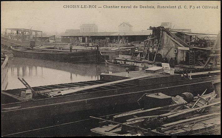 Choisy-le-Roi, usine de construction navale. Chantier naval de Desbois, Rancelant et Ollivaud. Carte postale. ( Musée de la batellerie, Conflans-Sainte-Honorine)