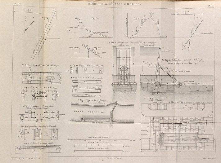 Barrages à hausses mobiles. Elévations et coupes. Tiré de : Mémoire sur les barrages à hausses mobiles / M. Chanoine et M. de Lagrené. In Annales des Ponts et Chaussées, 2e semestre, 1861,  n° 21, pl. 15-17.