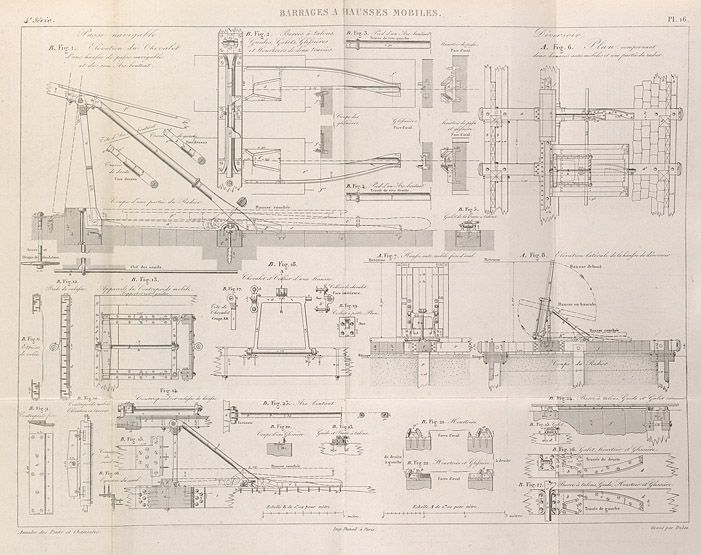 Barrages à hausses mobiles. Elévations et coupes. Tiré de : Mémoire sur les barrages à hausses mobiles / M. Chanoine et M. de Lagrené. In Annales des Ponts et Chaussées, 2e semestre, 1861,  n° 21, pl. 15-17.