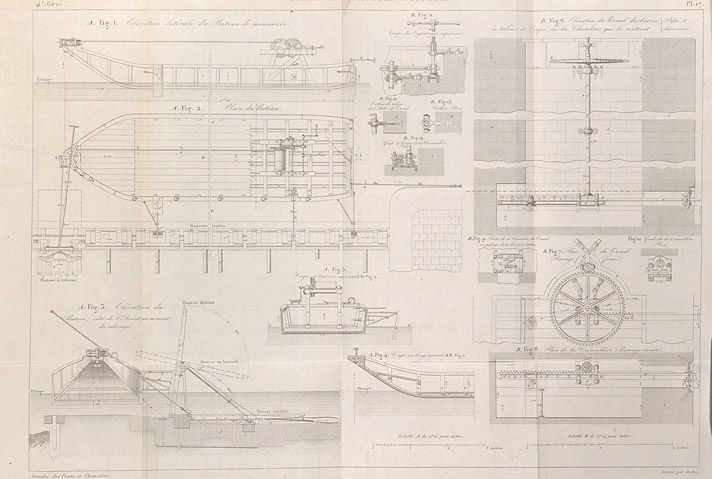 Barrages à hausses mobiles, bateau de manoeuvre. Tiré de : Mémoire sur les barrages à hausses mobiles / M. Chanoine et M. de Lagrené. In Annales des Ponts et Chaussées, 2e semestre, 1861,  n° 21, pl. 15-17.