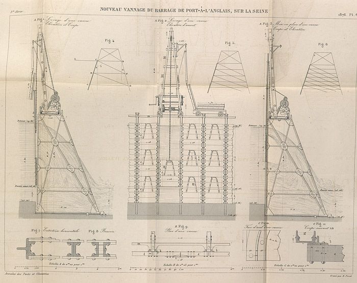 Alfortville, Vitry-sur-Seine. Barrage éclusé de Port-à-l'Anglais. Nouveau vannage du barrage de Port-à-l'Anglais, sur la Seine. Elévations, plans et coupes. Tiré de : Mémoire sur la nouveau système de barrage mobile fermé par des vannes et des fermettes / M. Boule. In Annales des Ponts et Chaussées, 1er semestre, 1876,  n° 15.