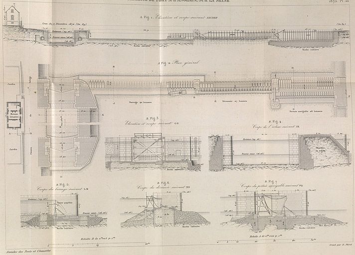 Alfortville, Vitry-sur-Seine. Barrage éclusé de Port-à-l'Anglais. Elévations et plans. Tiré de : Nouvelle passe navigable établie en 1870 sur le barrage de Port-à-l'Anglais. Hausses mobiles supportant une retenue de 4 m / M. Boule. In Annales des Ponts et Chaussées, 2e semestre 1873, n° 42.