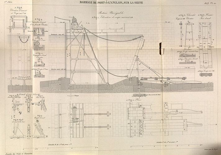 Alfortville, Vitry-sur-Seine. Barrage éclusé de Port-à-l'Anglais. Elévations et coupes.Tiré de : Nouvelle passe navigable établie en 1870 sur le barrage de Port-à-l'Anglais. Hausses mobiles supportant une retenue de 4 m / M. Boule. In Annales des Ponts et Chaussées, 2e semestre 1873, n° 42.