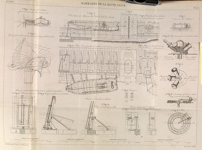 Barrages de la Haute-Seine. Bateau de manoeuvre des hausses. Elévations et coupes. Tiré de : Mémoire sur la construction des douze barrages éclusés, exécutés sur la haute Seine entre Paris et Montereau / M. Chanoine et M. de Lagrené. In Annales des Ponts et Chaussées, 2e semestre, 1868, n° 200, pl. 174-175.