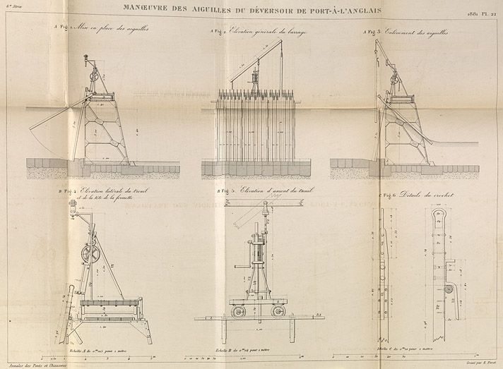 Alfortville, Vitry-sur-Seine. Barrage éclusé de Port-à-l'Anglais. Manoeuvre des aiguilles du déversoir de Port-à-l'Anglais. Elévations, plans et coupes. Tiré de : Note sur un système employé pour la manoeuvre des aiguilles au nouveau déversoir de Port-à-l'Anglais / M. Lavollée. In Annales des Ponts et Chaussées, 2e semestre 1881, n° 57.