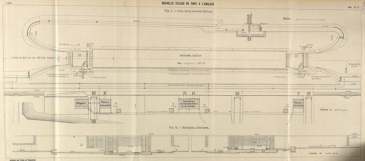 Alfortville, Vitry-sur-Seine. Barrage éclusé de Port-à-l'Anglais. Nouvelle écluse de Port-à-l'Anglais. Elévations, plans et coupes. Tiré de : Note sur la construction d'une nouvelle écluse à Port-à-l'Anglais sur la Haute-Seine / M. Alby. In Annales des Ponts et Chaussées, 3e trimestre 1902, n°30.