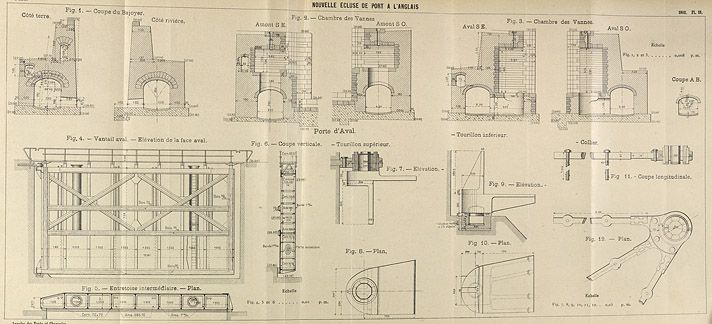 Alfortville, Vitry-sur-Seine. Barrage éclusé de Port-à-l'Anglais. Nouvelle écluse de Port-à-l'Anglais. Elévations, plans et coupes. Tiré de : Note sur la construction d'une nouvelle écluse à Port-à-l'Anglais sur la Haute-Seine / M. Alby. In Annales des Ponts et Chaussées, 3e trimestre 1902, n°30.