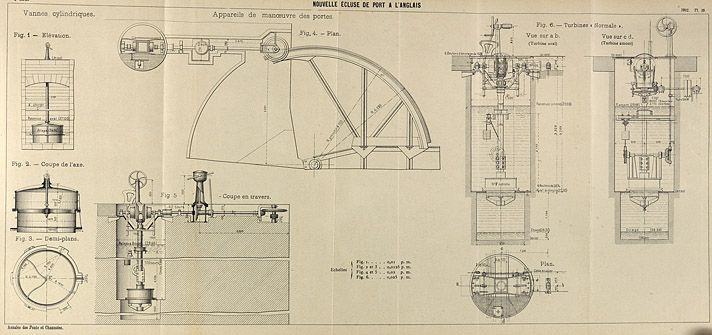 Alfortville, Vitry-sur-Seine. Barrage éclusé de Port-à-l'Anglais. Nouvelle écluse de Port-à-l'Anglais. Elévations, plans et coupes. Tiré de : Note sur la construction d'une nouvelle écluse à Port-à-l'Anglais sur la Haute-Seine / M. Alby. In Annales des Ponts et Chaussées, 3e trimestre 1902, n°30.