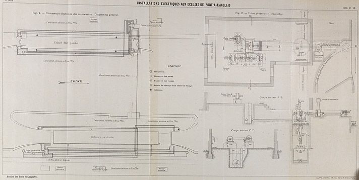 Alfortville, Vitry-sur-Seine. Barrage éclusé de Port-à-l'Anglais. Installations électriques aux écluses de Port-à-l'Anglais. Elévations, plans et coupes. Tiré de : Installations électriques aux écluses de Port-à-l'Anglais / M. Imbs. In Annales des Ponts et Chaussées, mai-juin 1909, n° 29.