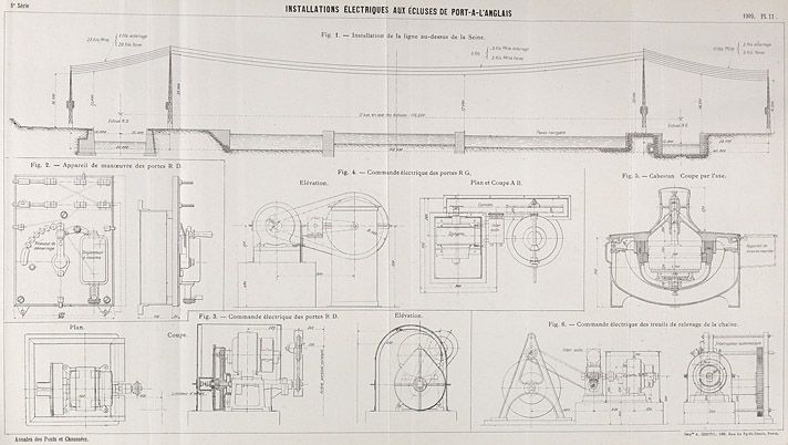 Alfortville, Vitry-sur-Seine. Barrage éclusé de Port-à-l'Anglais. Installations électriques aux écluses de Port-à-l'Anglais. Elévations, plans et coupes. Tiré de : Installations électriques aux écluses de Port-à-l'Anglais / M. Imbs. In Annales des Ponts et Chaussées, mai-juin 1909, n° 29.