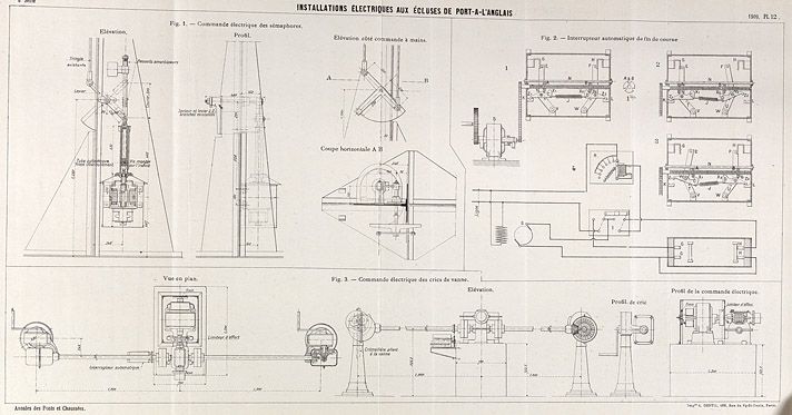 Alfortville, Vitry-sur-Seine. Barrage éclusé de Port-à-l'Anglais. Installations électriques aux écluses de Port-à-l'Anglais. Elévations, plans et coupes. Tiré de : Installations électriques aux écluses de Port-à-l'Anglais / M. Imbs. In Annales des Ponts et Chaussées, mai-juin 1909, n° 29.