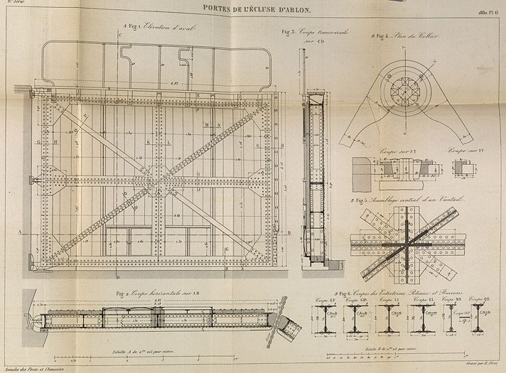 Ablon-sur-Seine, Vigneux-sur-Seine. Barrage éclusé d'Ablon-sur-Seine. Portes de l'écluse d'Ablon. Tiré de : Notice sur les portes de l'écluse d'Ablon / M. Lavollée. In Annales des Ponts et Chaussées, 1er semestre 1882, n° 30, pl. 6.