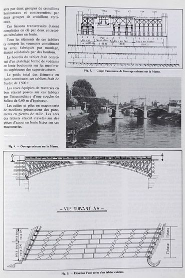 Ponts ferroviaires de la ligne Paris-Lyon : exemple d'un ouvrage existant sur la Marne. Tiré de : Travaux sur le pont de Charenton, remplacement des tabliers en fonte des ponts-rails sur l'autoroute A4 et sur la Marne sous les voies de la ligne Paris-Marseille / F. Jouvie, C. Vicherat. In Revue Générale des Chemins de Fer, juin 1987, p. 21.