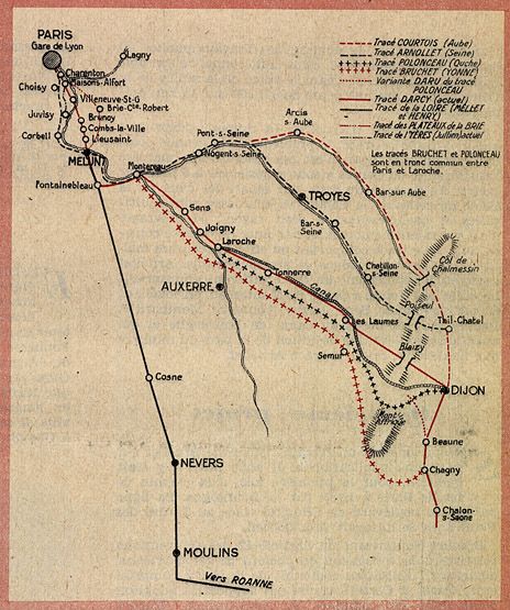Plan présentant les divers tracés envisagés entre Paris et Dijon. Tiré de : Chemin de fer de Paris à Lyon, 1849-1949, premiers projets 1832-1842. In Notre métier, l'hebdomadaire du cheminot, n° 214, sept. 1949.