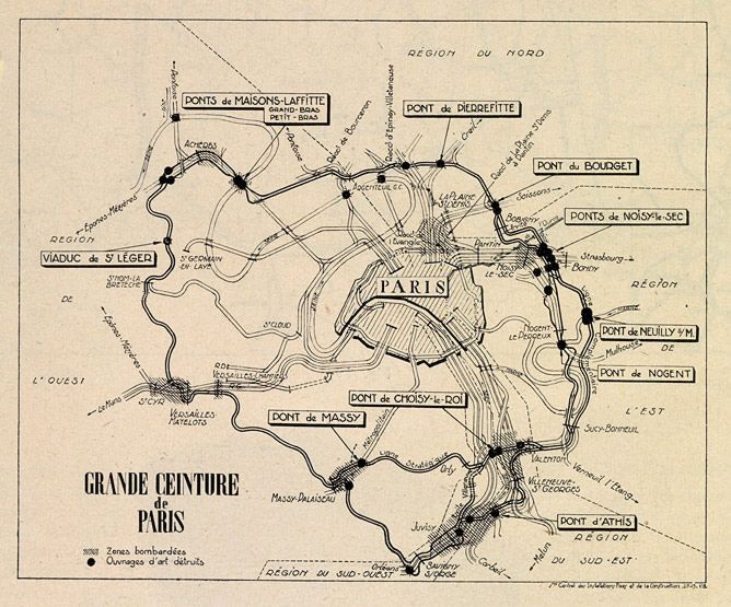 Plan d'ensemble du réseau de la Grande ceinture de Paris. Tiré de : Les ouvrages d'art de la Grande Ceinture / M. Leduc. In Revue Générale des Chemins de Fer, nov. déc. 1945, p. 132.
