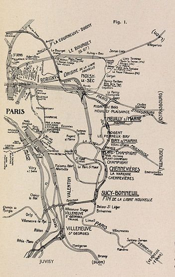 Voie ferrée dit raccordement de Valenton de la ligne de Grande Ceinture. Plan d'ensemble. Tiré de : Le raccordement de Valenton/ M. Habouzit. In Revue Générale des Chemins de Fer, 1er mai 1938, p. 287-298.