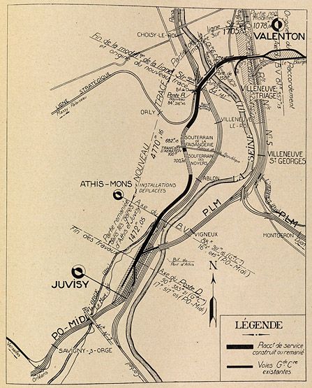 Voie ferrée dit raccordement de Valenton de la ligne de Grande Ceinture. Plan détaillé. Tiré de : Le raccordement de Valenton/ M. Habouzit. In Revue Générale des Chemins de Fer, 1er mai 1938, p. 287-298.