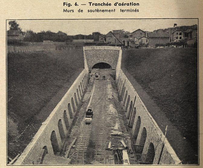 Voie ferrée dit raccordement de Valenton de la ligne de Grande Ceinture. Tranchée d'aération terminée. Tiré de : Le raccordement de Valenton/ M. Habouzit. In Revue Générale des Chemins de Fer, 1er mai 1938, p. 287-298.