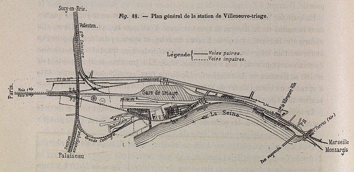 Villeneuve-Saint-Georges, gare de Villeneuve-Triage. Plan général de la station. Tiré de :  Revue Générale des Chemins de Fer", août 1885, p. 84.
