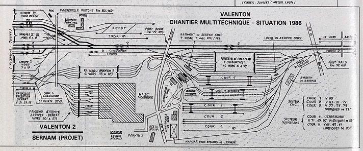 Valenton. Plan général du chantier multitechnique en 1986. Tiré de : La Vie du rail, n° 2050, 26 juin 1986, p. 6.