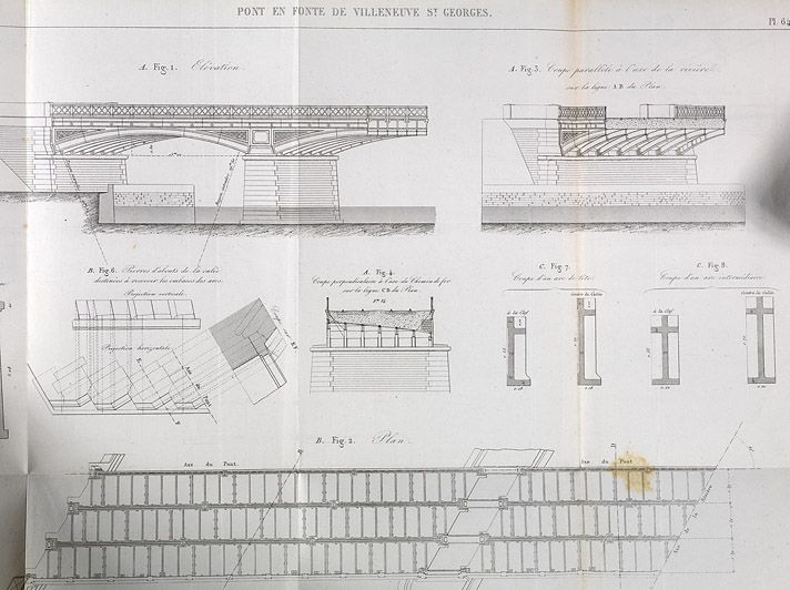 Villeneuve-Saint-Georges. Pont ferroviaire sur l'Yerres. Elévation, coupe et détails de construction du pont en fonte. Tiré de : Notice n° 81 sur le pont biais en fonte de Villeneuve-Saint-Georges /J. Poirée. In Annales des Ponts et Chaussées, 1854, 1er semestre, Mémoires et documents. (Association pour l'histoire des chemins de fer, Paris)