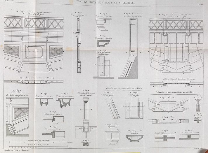 Villeneuve-Saint-Georges. Pont ferroviaire sur l'Yerres. Détails de construction du pont en fonte. Tiré de : Pont en fonte de Villeneuve-Saint-Georges. In Annales des Ponts et Chaussées, note 81, 1er semestre 1854, pl. 65.