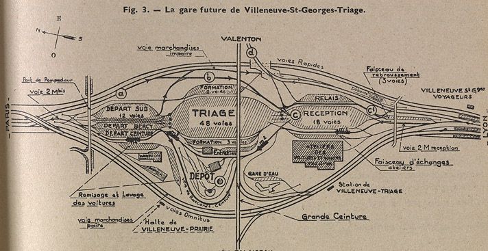 Villeneuve-Saint-Georges. Plan de la future gare de Villeneuve-Saint-Georges-Triage. Tiré de : La transformation de la gare de Villeneuve-Saint-Georges-Triage / M.P Geoffroy et M. Dinard. In Revue Générale des Chemins de Fer, juin 1948. (Association pour l'histoire des chemins de fer, Paris)