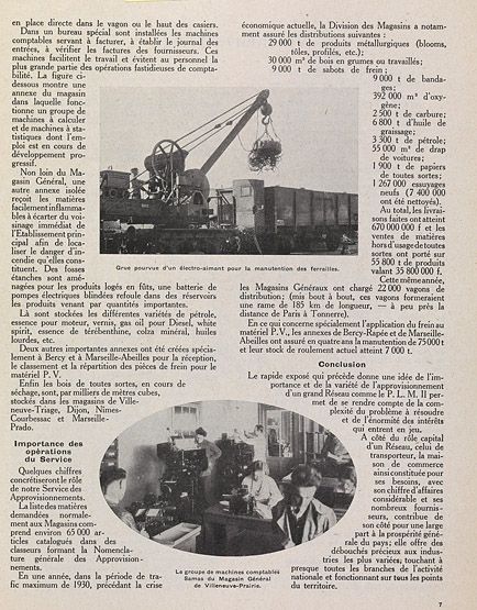 Villeneuve-Saint-Georges, gare de Villeneuve-Triage. Vues de la grue et du groupe de machines comptables utilisés par les magasins. Photographies. Tiré de : Ce que sont les magasins PLM / M.Arnoux. In "Bulletin du PLM", janv. 1933. (Association pour l'histoire des chemins de fer, Paris)