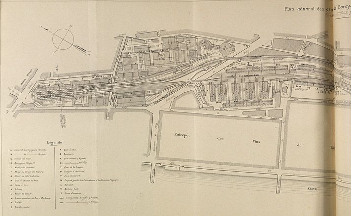 Plan de la tête de ligne du réseau de Paris, Lyon, Méditerranée. Plan général des gares de Bercy (1ère partie). Tiré de : Les gares de Paris et de Villeneuve-Saint-Georges, la tête de ligne du réseau de Paris à Lyon à la Méditerrannée, N°1 / Jules Michel. In "Revue Générale des Chemins de Fer", 2e semestre 1887. (Association pour l'histoire des chemins de fer, Paris)