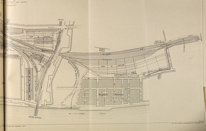 Plan de la tête de ligne du réseau de Paris, Lyon, Méditerranée. Plan général des gares de Bercy (2ème partie). Tiré de : Les gares de Paris et de Villeneuve-Saint-Georges, la tête de ligne du réseau de Paris à Lyon à la Méditerrannée, N°1 / Jules Michel. In "Revue Générale des Chemins de Fer", 2e semestre 1887. (Association pour l'histoire des chemins de fer, Paris)