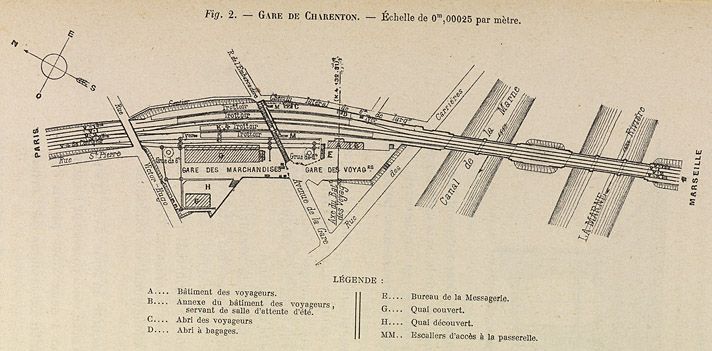 Charenton-le-Pont. Plan général de la gare. Tiré de : Les gares de Paris et de Villeneuve-Saint-Georges, la tête de ligne du réseau de Paris à Lyon à la Méditerrannée, N°1 / Jules Michel. In "Revue Générale des Chemins de Fer", 2e semestre 1887. (Association pour l'histoire des chemins de fer, Paris)