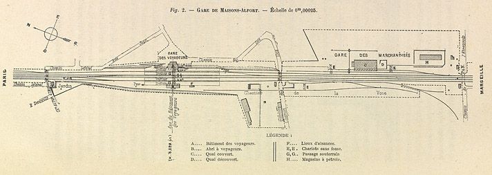 Maisons-Alfort. Plan général de la gare. Tiré de : Les gares de Paris et de Villeneuve-Saint-Georges, la tête de ligne du réseau de Paris à Lyon à la Méditerrannée, N°1 / Jules Michel. In "Revue Générale des Chemins de Fer", 2e semestre 1887. (Association pour l'histoire des chemins de fer, Paris)