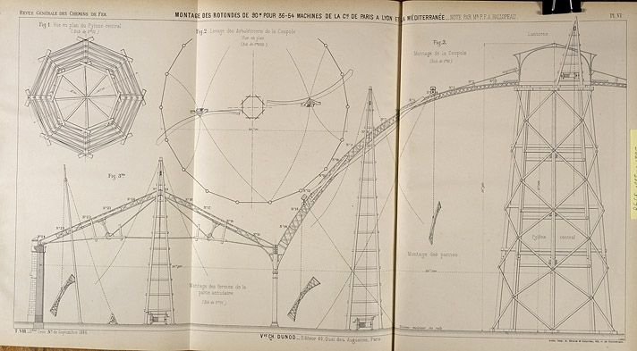 Montage des rotondes de 90m pour 36-54 machines de la compagnie de paris à Lyon et Méditerranée : plans en coupes, ensemble et élévations. (Association pour l'histoire des chemins de fer, Paris)