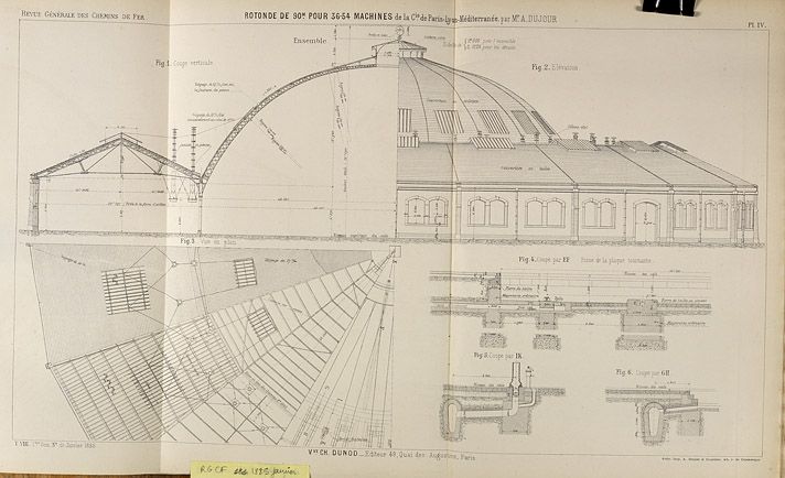 Rotonde de 90m pour 36-54 machines de la compagnie de Paris à Lyon et Méditerranée. Plans. Tiré de :  Revue Générale des Chemins de Fer, janv. 1885.