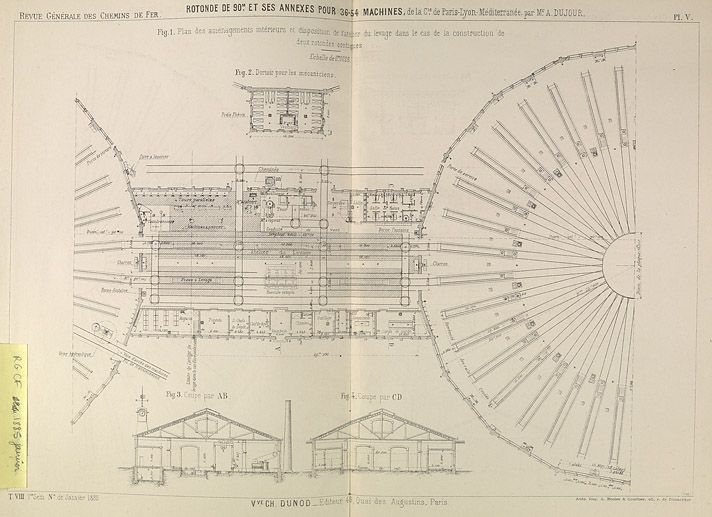 Rotonde de 90m et ses annexes pour 36-54 machines de la compagnie de Paris à Lyon et Méditerranée : plans en coupes, ensemble et élévations. Tiré de :  Revue Générale des Chemins de Fer, janv. 1885.