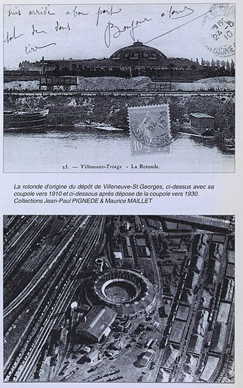 Villeneuve-Saint-Georges, gare de Villeneuve-Triage. Vue aérienne et vue d'ensemble de la rotonde avec sa coupole, vers 1910 et après la dépose de sa coupole, vers 1930. Photographies. (Association pour l'histoire des chemins de fer, Paris)