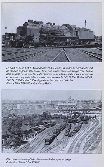 Villeneuve-Saint-Georges, gare de Villeneuve-Triage. Vue aérienne du dépôt. Vue d'une locomotive sur le pont tournant. Photographies. Tiré de : Revue générale des chemins de fer. (Association pour l'histoire des chemins de fer, Paris)