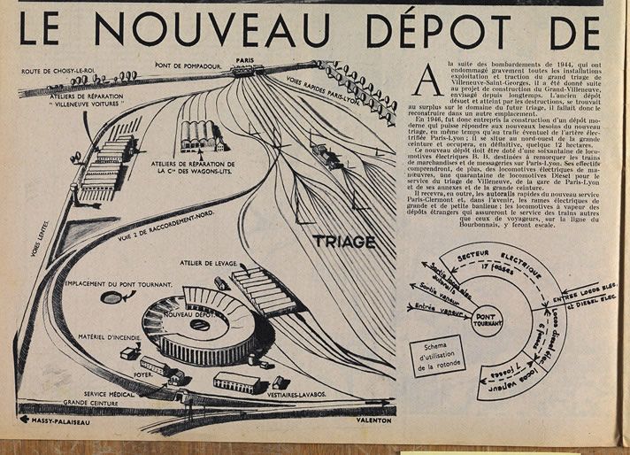 Villeneuve-Saint-Georges. Plan schématique du nouveau dépôt de Villeneuve. Tiré de : Le nouveau dépôt de Villeneuve-Triage. In Notre métier, l'hebdomadaire du cheminot, n° 175, nov.1948. (Association pour l'histoire des chemins de fer, Paris)