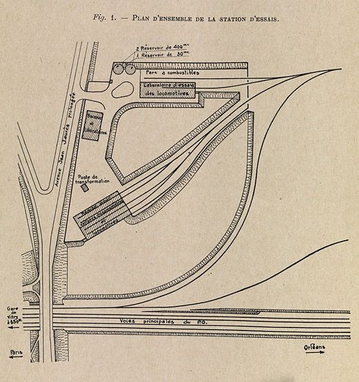 Vitry-sur-Seine. Plan d'ensemble de la station d'essais ferroviaires. Tiré de : Banc d'essais des locomotives des réseaux français. Vitry-sur-Seine. In Revue Générale des Chemins de Fer, oct. 1933. (Association pour l'histoire des chemins de fer, Paris)