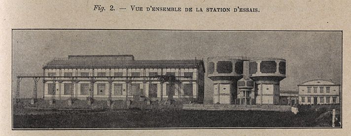 Vitry-sur-Seine, station d'essais ferroviaires. Vue d'ensemble de la station, inaugurée en juillet 1933. Tiré de : Banc d'essais des locomotives des réseaux français. Vitry-sur-Seine. In Revue Générale des Chemins de Fer, oct. 1933. (Association pour l'histoire des chemins de fer, Paris)