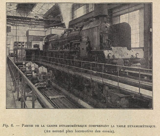 Vitry-sur-Seine, station d'essais ferroviaires. Partie de la cabine dynamométrique comprenant la table dynamométrique, avec une locomotive du P.L.M. en cours d'essai. Photographie. Tiré de : Banc d'essais des locomotives des réseaux français. Vitry-sur-Seine. In Revue Générale des Chemins de Fer, oct. 1933. (Association pour l'histoire des chemins de fer, Paris)