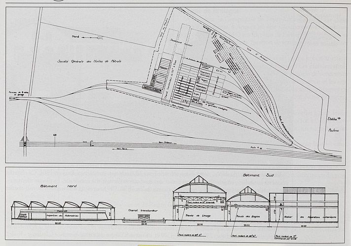 Vitry-sur-Seine. Plan et coupe des ateliers de réparation ferroviaires de la gare des Ardoines. Tiré de : Le chemin de fer Paris Orléans/J.-P. Vergez-Larrouy. Paris : la Vie du Rail, la Régordane, 1997.