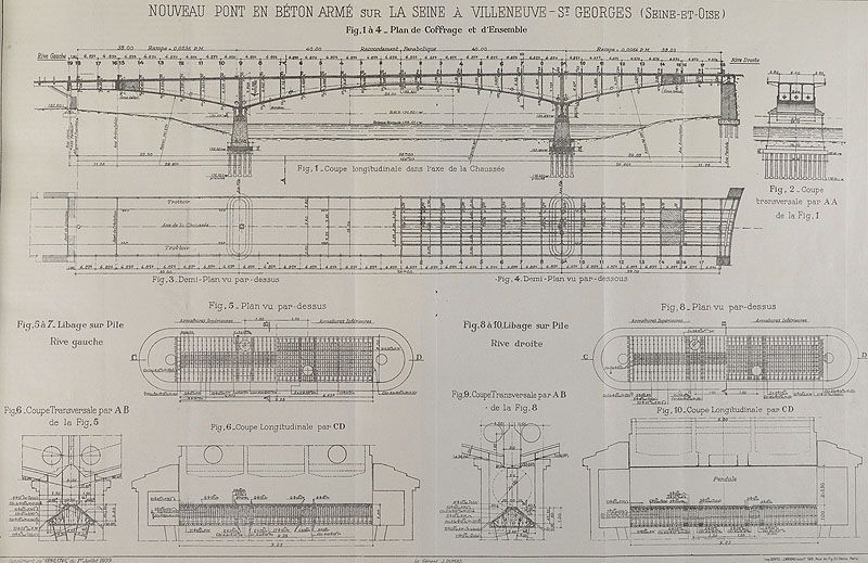 Villeneuve-Saint-Georges . Pont de Villeneuve-Saint-Georges (n°2). Différents plans et coupes de l'ouvrage. Tiré de : Construction du pont de Villeneuve-Saint-Georges . In Le Génie Civil, 1er juillet 1939, n° 2968, p.1-5.