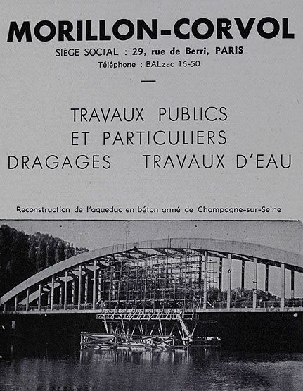 Villeneuve-le-Roi, ensemble d'industrie extractive dite société Morillon-Corvol. Publicité pour l'entreprise, 1949.  Tiré de : Travaux, 1949.