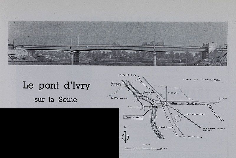 Ivry-sur-Seine. Pont d'Ivry (n°2). Vue d'ensemble et plan de localisation du pont par rapport à la confluence.Tiré de : Travaux, août 1957, n° 274.