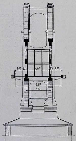 Ivry-sur-Seine, Charenton-le-Pont. Passerelle industrielle d'Ivry-Charenton. Coupe schématique sur une pile. Tiré de : Travaux, juillet 1939, p. 280.