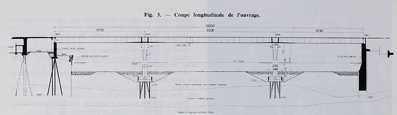 Choisy-le-Roi. Pont de Choisy (n°2). Coupe longitudinale de l'ouvrage.  Tiré de : Travaux, janvier 1966, n° 372.